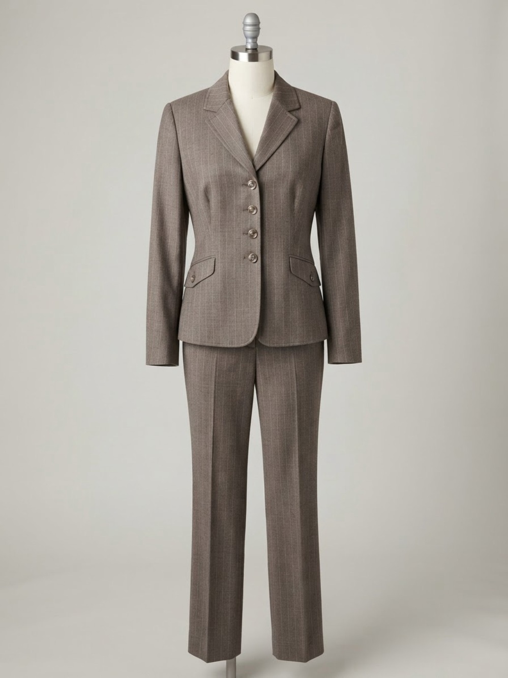 Tahari Taupe/Brown Pinstripe Women's Pantsuit Blazer & Trousers Set